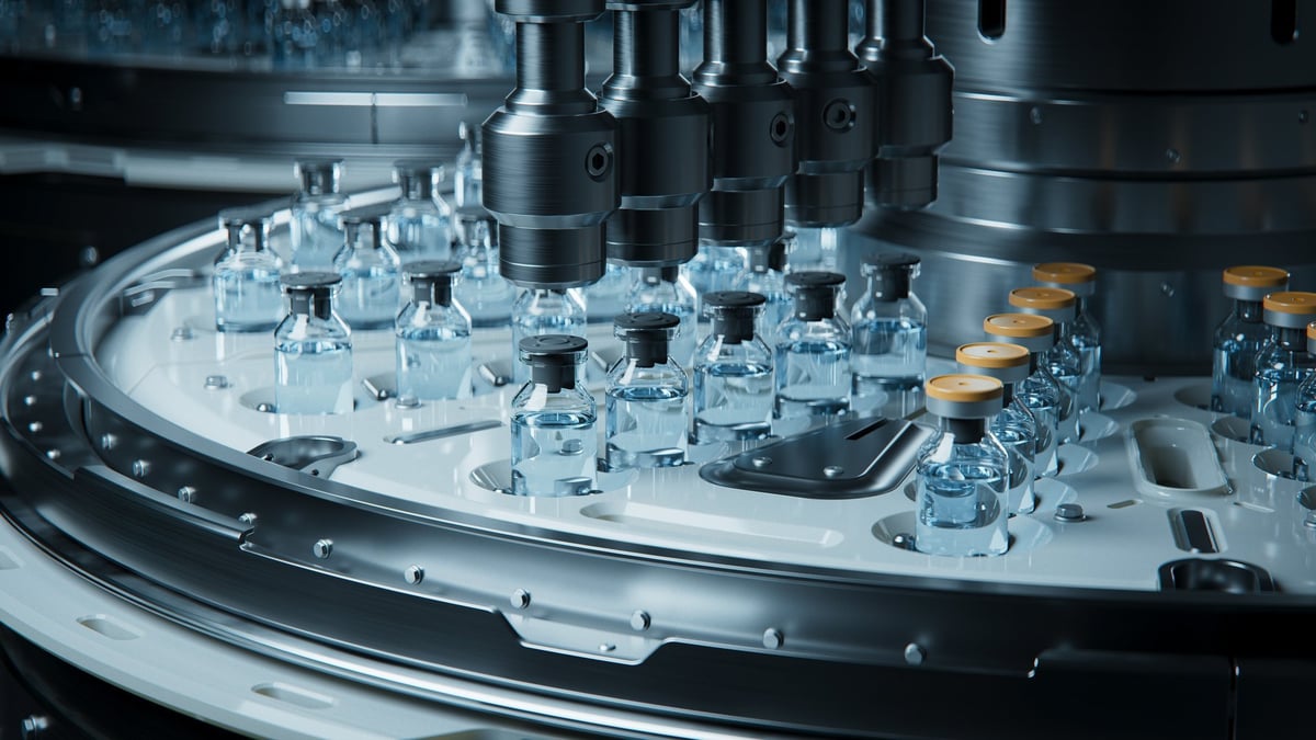 High-tech automated assembly line processing bottles and vials with precision